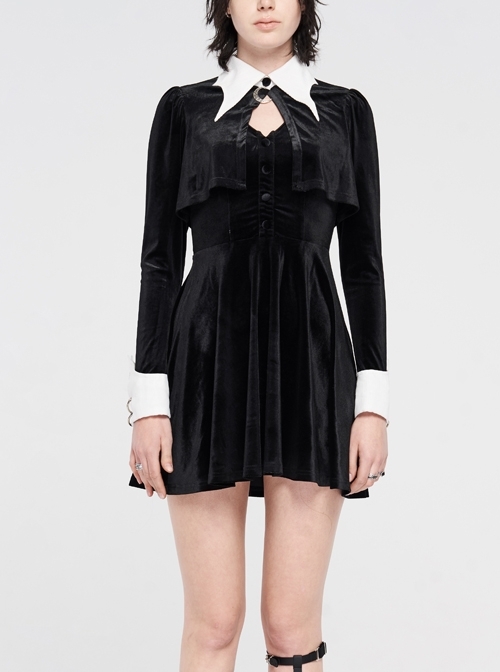 White Bat Shape Collar Moon Pendant Chest Hollow-Out Fake Two Pieces Small Cloak Black Gothic Velvet Dress