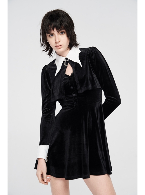 White Bat Shape Collar Moon Pendant Chest Hollow-Out Fake Two Pieces Small Cloak Black Gothic Velvet Dress
