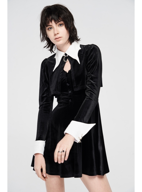 White Bat Shape Collar Moon Pendant Chest Hollow-Out Fake Two Pieces Small Cloak Black Gothic Velvet Dress