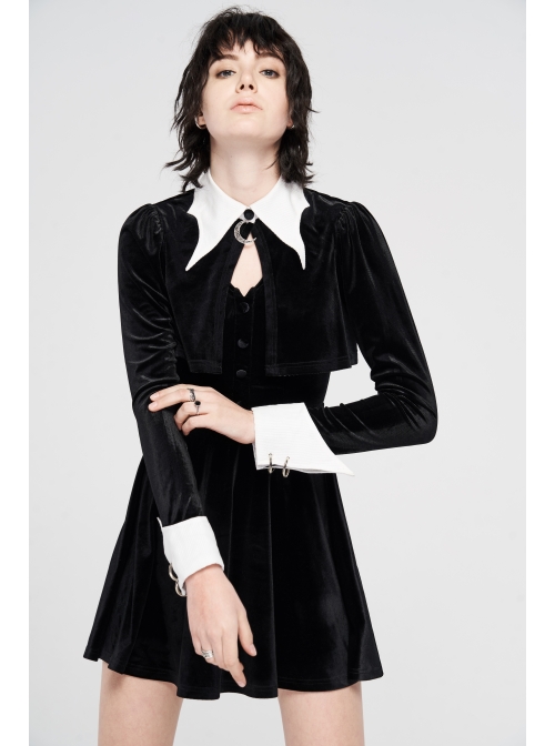 White Bat Shape Collar Moon Pendant Chest Hollow-Out Fake Two Pieces Small Cloak Black Gothic Velvet Dress