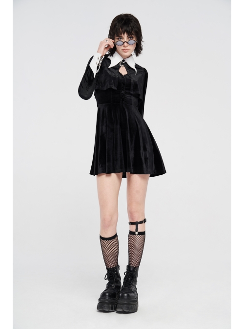 White Bat Shape Collar Moon Pendant Chest Hollow-Out Fake Two Pieces Small Cloak Black Gothic Velvet Dress