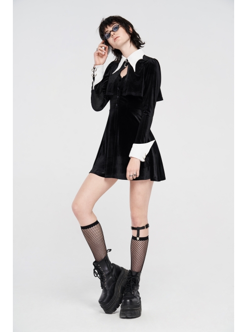 White Bat Shape Collar Moon Pendant Chest Hollow-Out Fake Two Pieces Small Cloak Black Gothic Velvet Dress