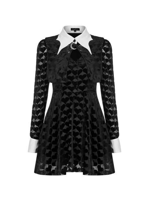 White Bat Shape Collar Moon Pendant Chest Hollow-Out Fake Two Pieces Small Cloak Black Peach Heart Print Gothic Velvet Dress