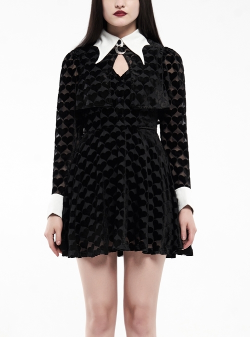 White Bat Shape Collar Moon Pendant Chest Hollow-Out Fake Two Pieces Small Cloak Black Peach Heart Print Gothic Velvet Dress