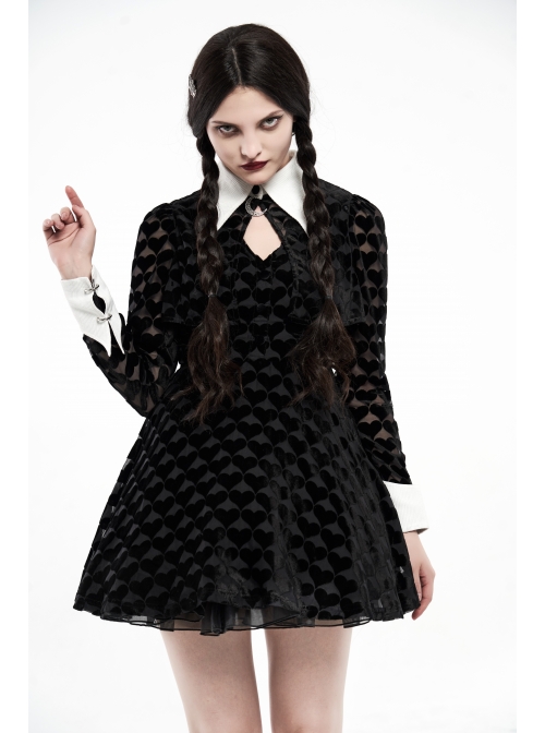 White Bat Shape Collar Moon Pendant Chest Hollow-Out Fake Two Pieces Small Cloak Black Peach Heart Print Gothic Velvet Dress