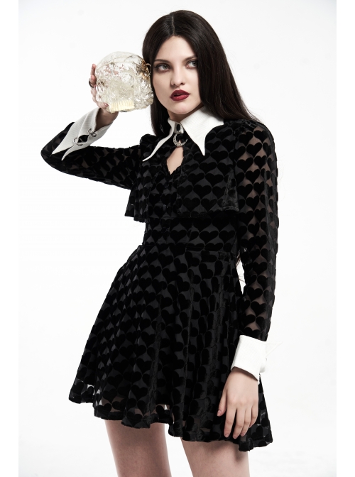 White Bat Shape Collar Moon Pendant Chest Hollow-Out Fake Two Pieces Small Cloak Black Peach Heart Print Gothic Velvet Dress