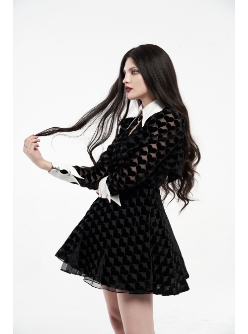 White Bat Shape Collar Moon Pendant Chest Hollow-Out Fake Two Pieces Small Cloak Black Peach Heart Print Gothic Velvet Dress