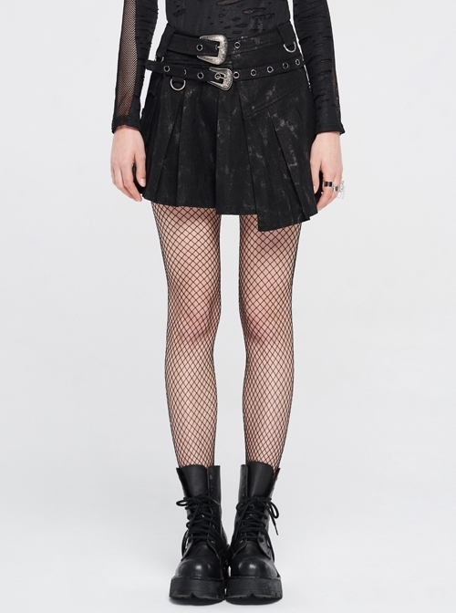 Metal Buckle Belt Metal Eyelets Loop Decoration Irregular Hem Black Print Punk Skirt