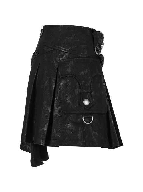 Metal Buckle Belt Metal Eyelets Loop Decoration Irregular Hem Black Print Punk Skirt