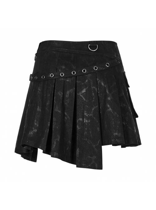 Metal Buckle Belt Metal Eyelets Loop Decoration Irregular Hem Black Print Punk Skirt