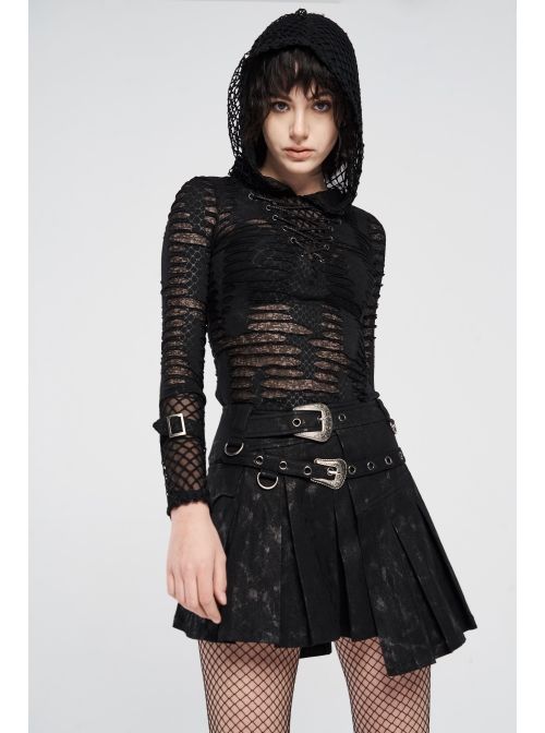 Metal Buckle Belt Metal Eyelets Loop Decoration Irregular Hem Black Print Punk Skirt