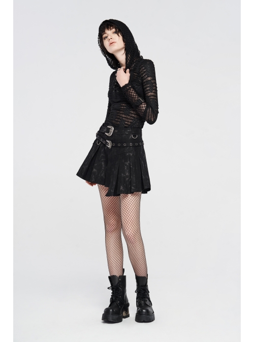 Metal Buckle Belt Metal Eyelets Loop Decoration Irregular Hem Black Print Punk Skirt