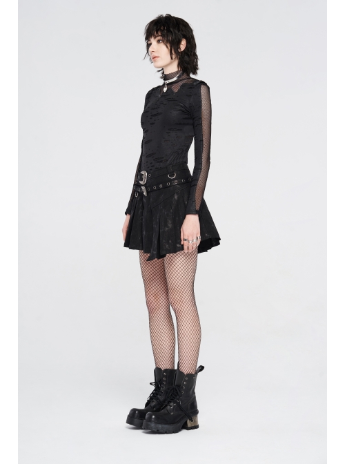Metal Buckle Belt Metal Eyelets Loop Decoration Irregular Hem Black Print Punk Skirt