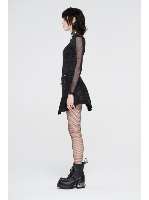 Metal Buckle Belt Metal Eyelets Loop Decoration Irregular Hem Black Print Punk Skirt