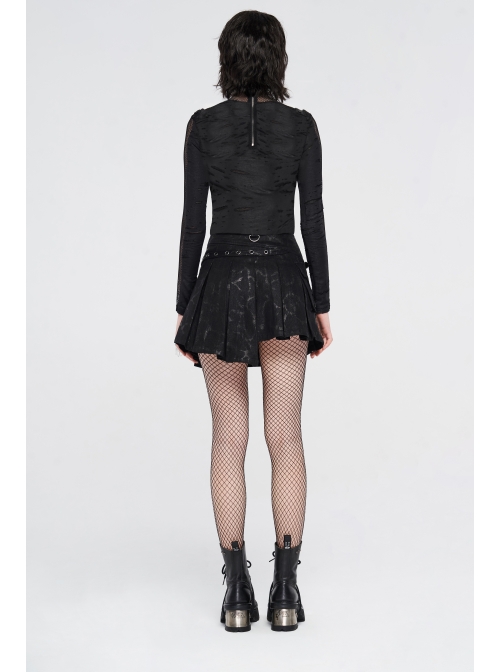 Metal Buckle Belt Metal Eyelets Loop Decoration Irregular Hem Black Print Punk Skirt