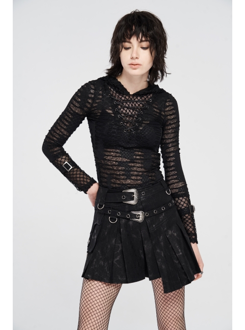 Metal Buckle Belt Metal Eyelets Loop Decoration Irregular Hem Black Print Punk Skirt