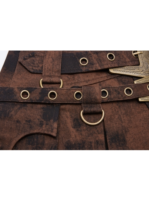 Metal Buckle Belt Metal Eyelets Loop Decoration Irregular Hem Brown Print Punk Skirt
