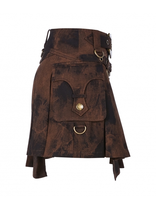 Metal Buckle Belt Metal Eyelets Loop Decoration Irregular Hem Brown Print Punk Skirt