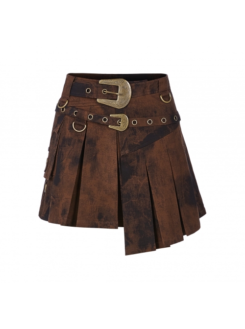 Metal Buckle Belt Metal Eyelets Loop Decoration Irregular Hem Brown Print Punk Skirt