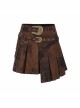 Metal Buckle Belt Metal Eyelets Loop Decoration Irregular Hem Brown Print Punk Skirt