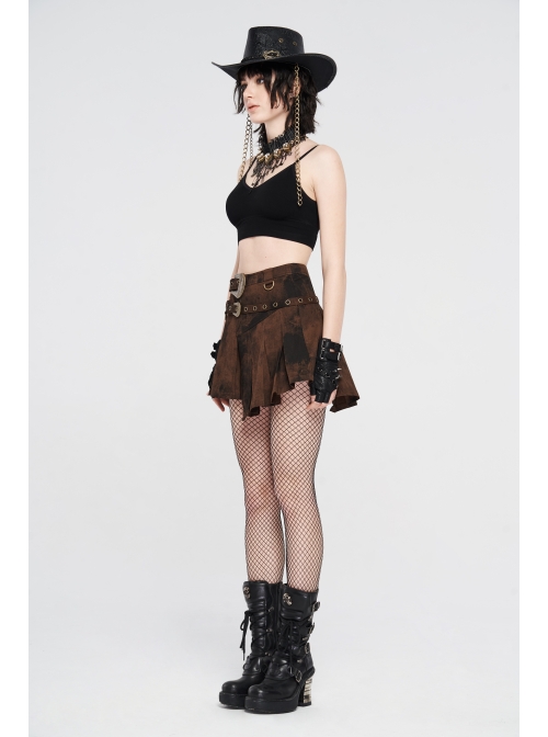 Metal Buckle Belt Metal Eyelets Loop Decoration Irregular Hem Brown Print Punk Skirt