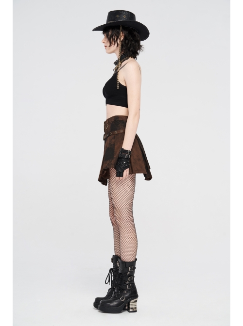 Metal Buckle Belt Metal Eyelets Loop Decoration Irregular Hem Brown Print Punk Skirt