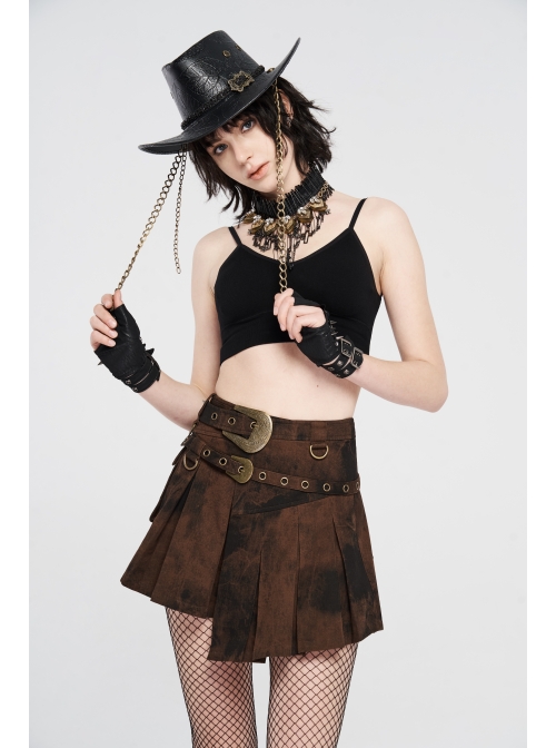Metal Buckle Belt Metal Eyelets Loop Decoration Irregular Hem Brown Print Punk Skirt