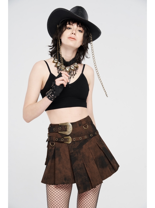 Metal Buckle Belt Metal Eyelets Loop Decoration Irregular Hem Brown Print Punk Skirt