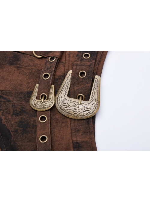 Metal Buckle Belt Metal Eyelets Loop Decoration Irregular Hem Brown Print Punk Skirt