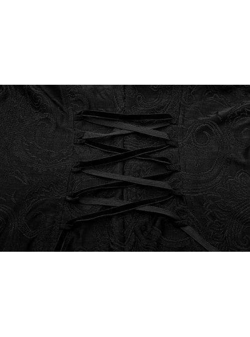 High Collar Front Chest Hollow-Out Embroidery Flare Sleeves Back Waist Lace-Up Black Gothic Knitted Jacquard Long Dress