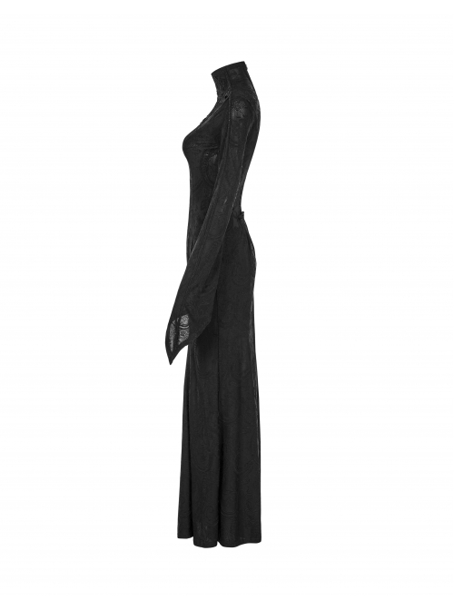 High Collar Front Chest Hollow-Out Embroidery Flare Sleeves Back Waist Lace-Up Black Gothic Knitted Jacquard Long Dress