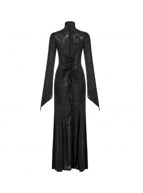 High Collar Front Chest Hollow-Out Embroidery Flare Sleeves Back Waist Lace-Up Black Gothic Knitted Jacquard Long Dress