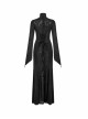 High Collar Front Chest Hollow-Out Embroidery Flare Sleeves Back Waist Lace-Up Black Gothic Knitted Jacquard Long Dress