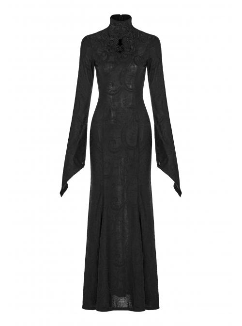 High Collar Front Chest Hollow-Out Embroidery Flare Sleeves Back Waist Lace-Up Black Gothic Knitted Jacquard Long Dress