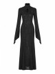 High Collar Front Chest Hollow-Out Embroidery Flare Sleeves Back Waist Lace-Up Black Gothic Knitted Jacquard Long Dress