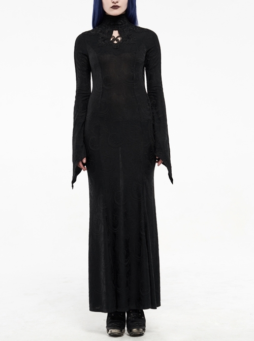 High Collar Front Chest Hollow-Out Embroidery Flare Sleeves Back Waist Lace-Up Black Gothic Knitted Jacquard Long Dress
