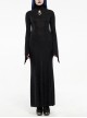 High Collar Front Chest Hollow-Out Embroidery Flare Sleeves Back Waist Lace-Up Black Gothic Knitted Jacquard Long Dress