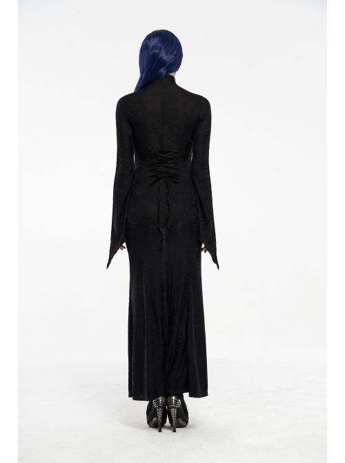 High Collar Front Chest Hollow-Out Embroidery Flare Sleeves Back Waist Lace-Up Black Gothic Knitted Jacquard Long Dress