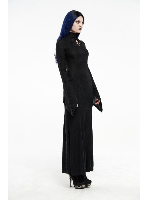 High Collar Front Chest Hollow-Out Embroidery Flare Sleeves Back Waist Lace-Up Black Gothic Knitted Jacquard Long Dress