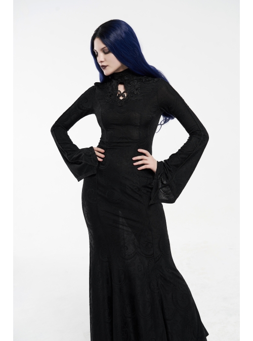 High Collar Front Chest Hollow-Out Embroidery Flare Sleeves Back Waist Lace-Up Black Gothic Knitted Jacquard Long Dress