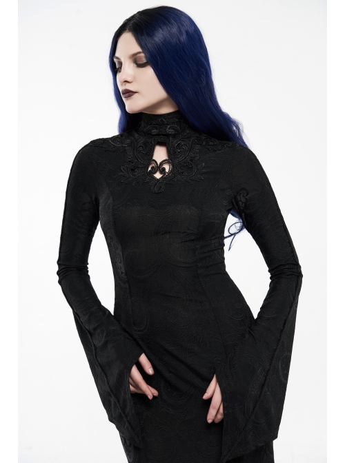 High Collar Front Chest Hollow-Out Embroidery Flare Sleeves Back Waist Lace-Up Black Gothic Knitted Jacquard Long Dress