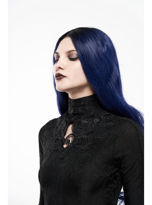 High Collar Front Chest Hollow-Out Embroidery Flare Sleeves Back Waist Lace-Up Black Gothic Knitted Jacquard Long Dress