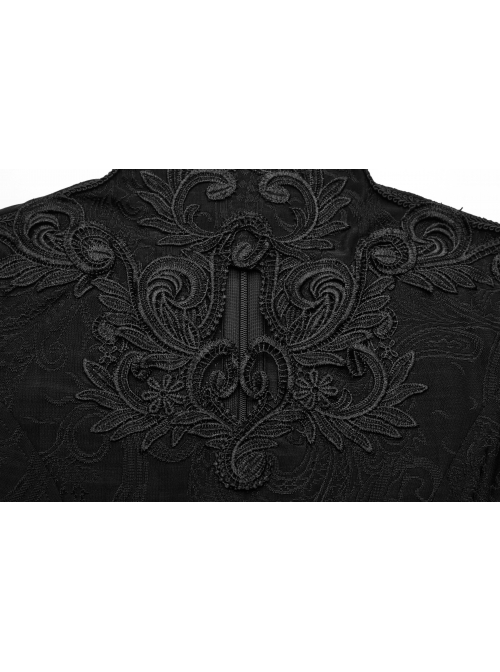 High Collar Front Chest Hollow-Out Embroidery Flare Sleeves Back Waist Lace-Up Black Gothic Knitted Jacquard Long Dress