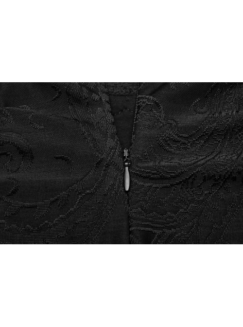 High Collar Front Chest Hollow-Out Embroidery Flare Sleeves Back Waist Lace-Up Black Gothic Knitted Jacquard Long Dress