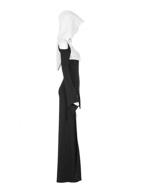 White Hood Metal Buttons Off-Shoulder Chest Hollow-Out Metal Eyelets Lace-Up Flare Sleeves Black Gothic Dress