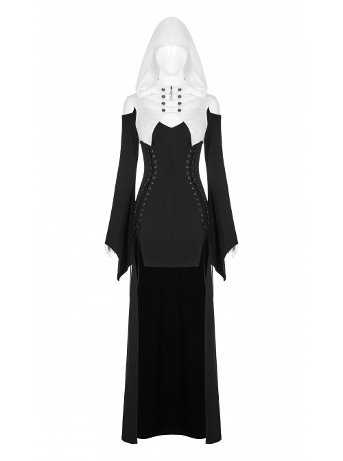 White Hood Metal Buttons Off-Shoulder Chest Hollow-Out Metal Eyelets Lace-Up Flare Sleeves Black Gothic Dress