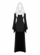 White Hood Metal Buttons Off-Shoulder Chest Hollow-Out Metal Eyelets Lace-Up Flare Sleeves Black Gothic Dress
