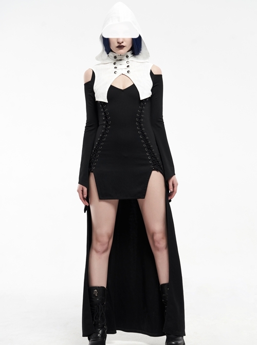 White Hood Metal Buttons Off-Shoulder Chest Hollow-Out Metal Eyelets Lace-Up Flare Sleeves Black Gothic Dress