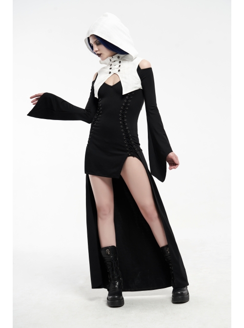 White Hood Metal Buttons Off-Shoulder Chest Hollow-Out Metal Eyelets Lace-Up Flare Sleeves Black Gothic Dress