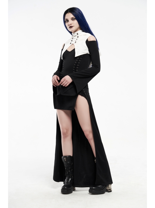 White Hood Metal Buttons Off-Shoulder Chest Hollow-Out Metal Eyelets Lace-Up Flare Sleeves Black Gothic Dress